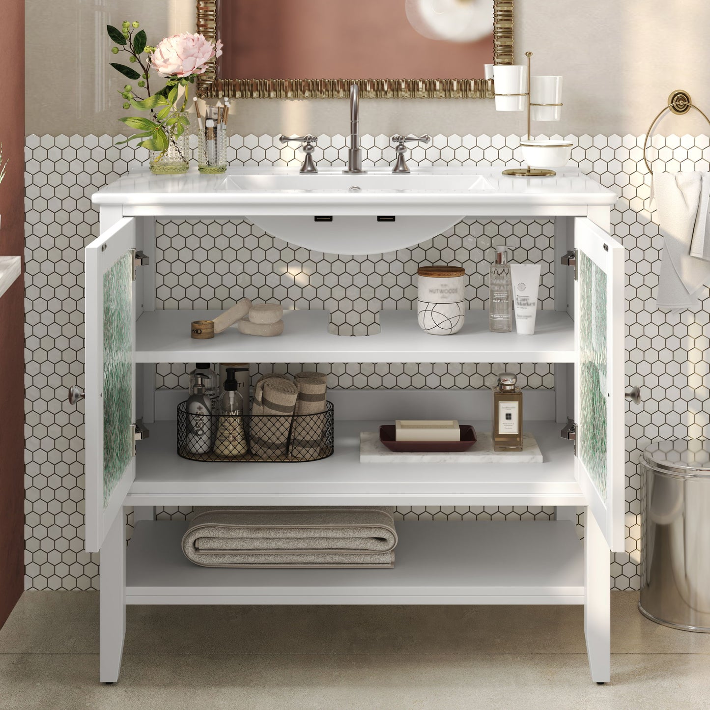 Bathroom Vanity With Ceramic Sink, Adjustable & Open Shelf