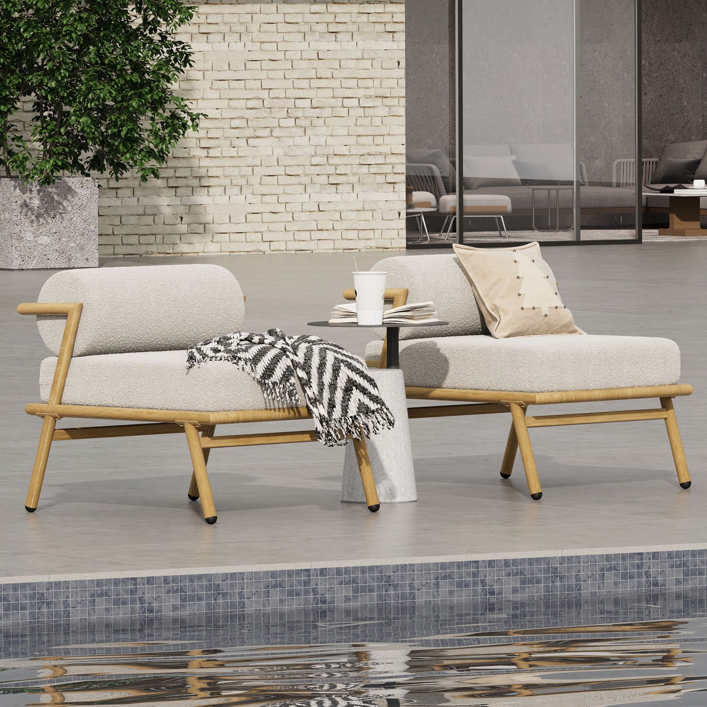 La Fiora - Outdoor Patio Iron Club Chair (Set of 2) - Off White / Teak