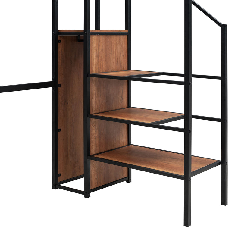 Twin Size Loft Bed With Desk And Grid, Storage Ladder And Wardrobe - Black