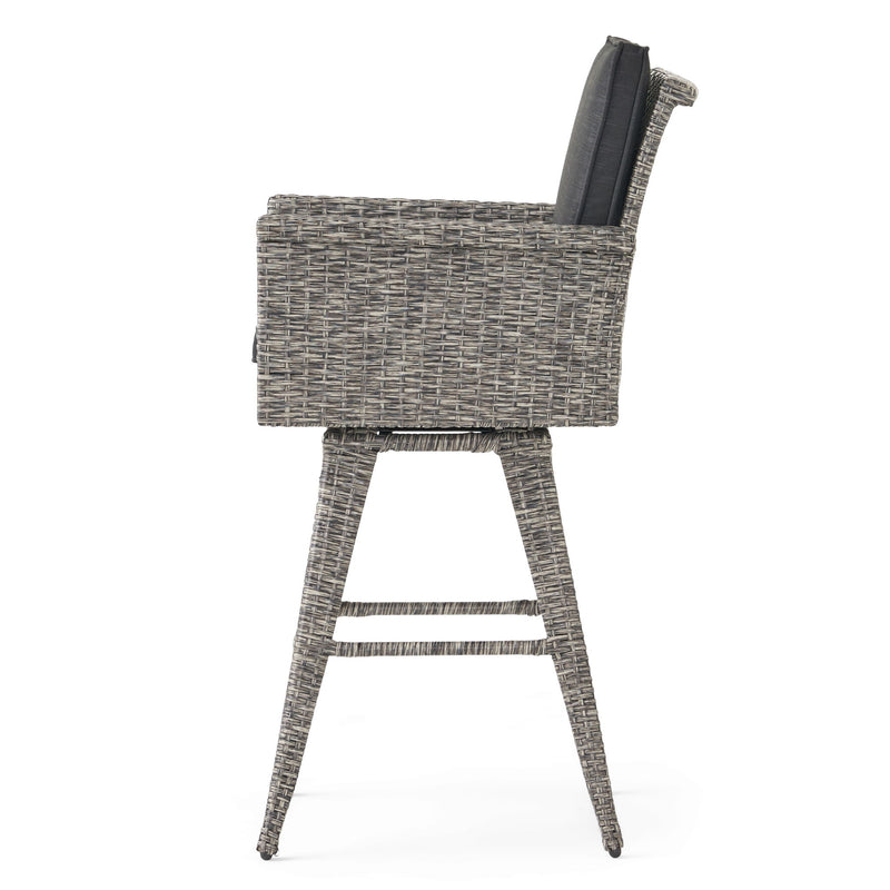 Outdoor Rattan Swivel Barstool With Water Resistant Cushion - Black / Gray