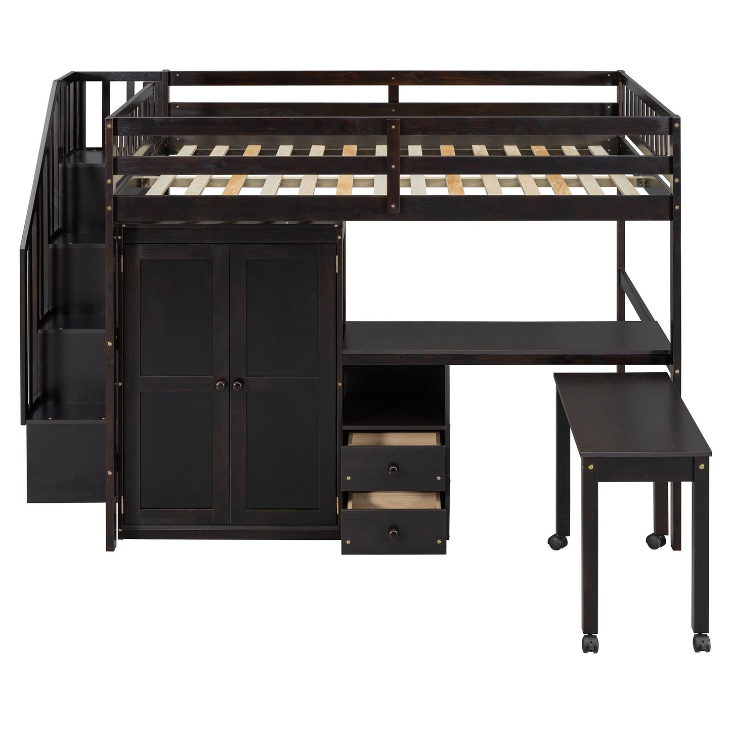 Loft Bed With Stairs, Bookshelf, Drawers, Desk & Wardrobe, Space Saving Multifunctional Furniture