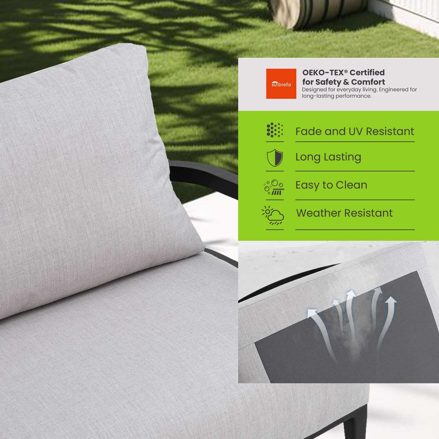 Outdoor Bench Seat Sofa, Sunbrella Cushion, Weather Resistant For Patio - Ember Black