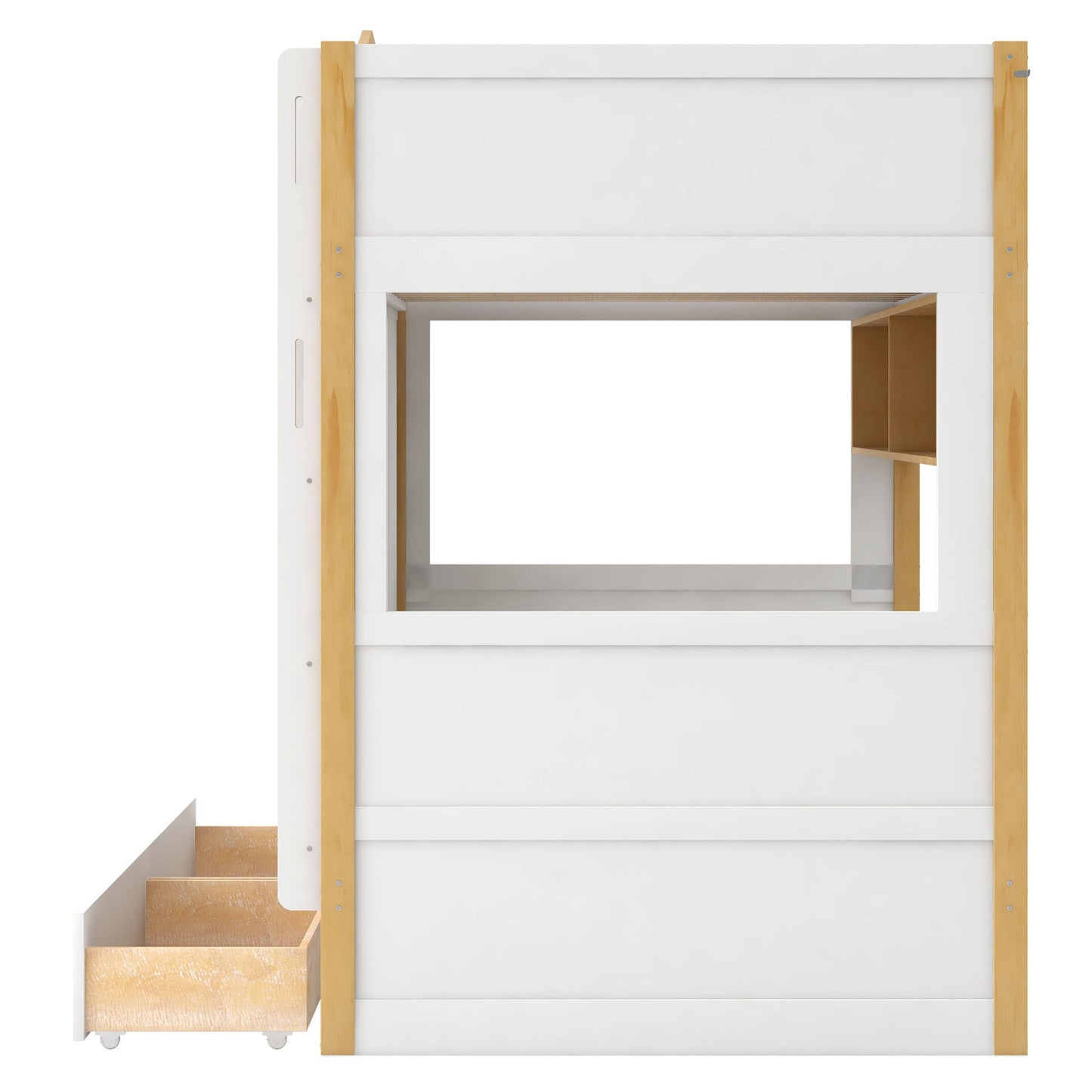 Twin Over Twin Bunk Bed With House Shaped Guardrails, Storage Shelves & Drawers - White / Natural