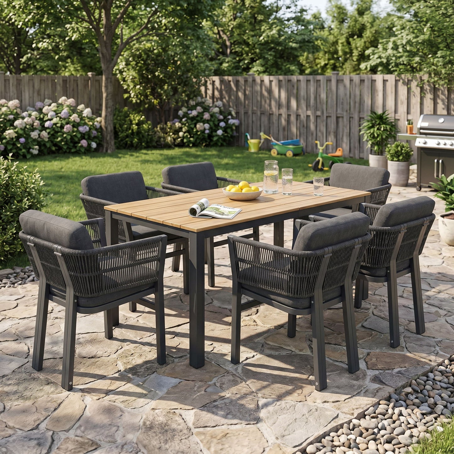 7 Piece Outdoor Dining Set With Table And 6 Chairs - Black / Teak / Gray