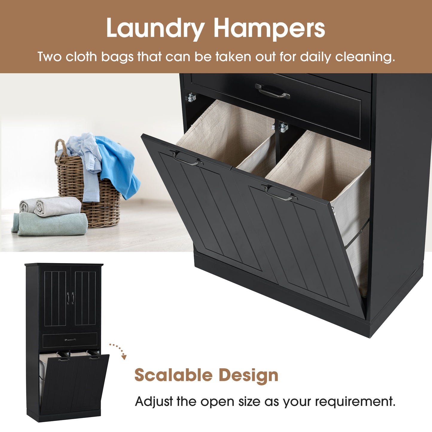 Modern Bathroom Storage Cabinet With Two Laundry Baskets, One Drawer, Adjustable Shelf