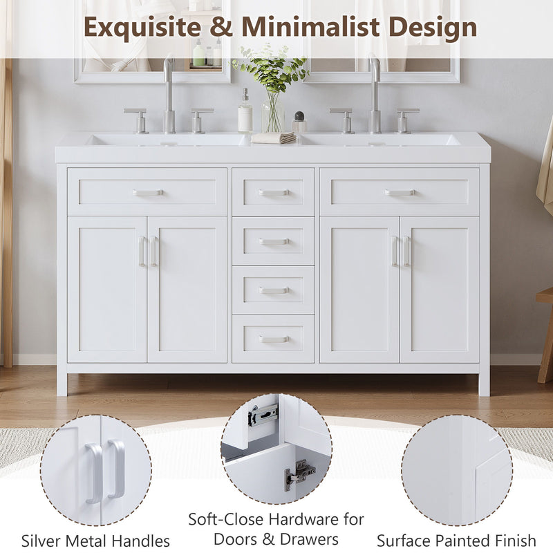 Bathroom Vanity Cabinet Only, Soft Close Doors & Drawers, 4 Drawers & 2 Double Door Cabinets - White