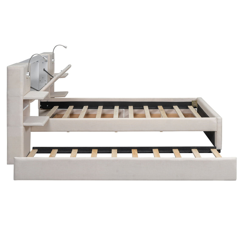 Upholstered Platform Bed With Reading Lights, Drawers, Trundle And Shelves