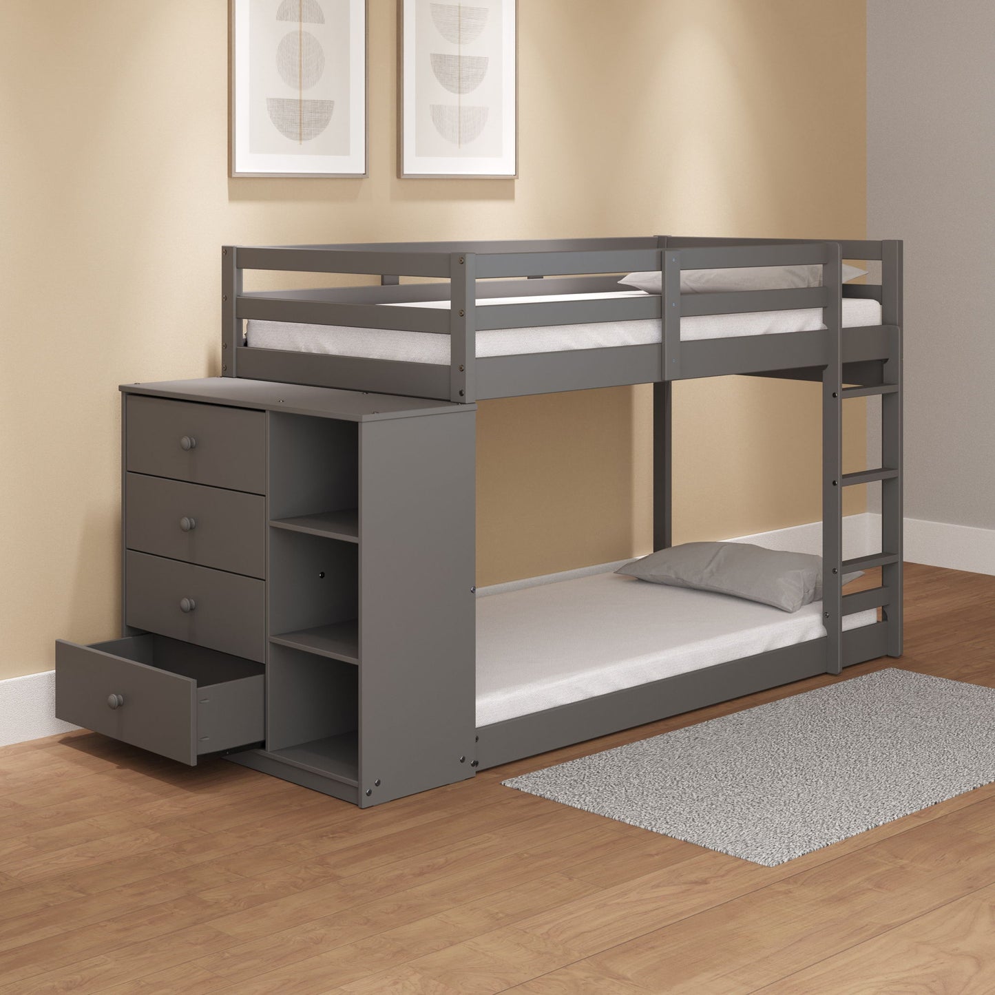 Gaston - Bunk Bed Twin Over Twin With 4 Drawers & 3 Compartments - Gray