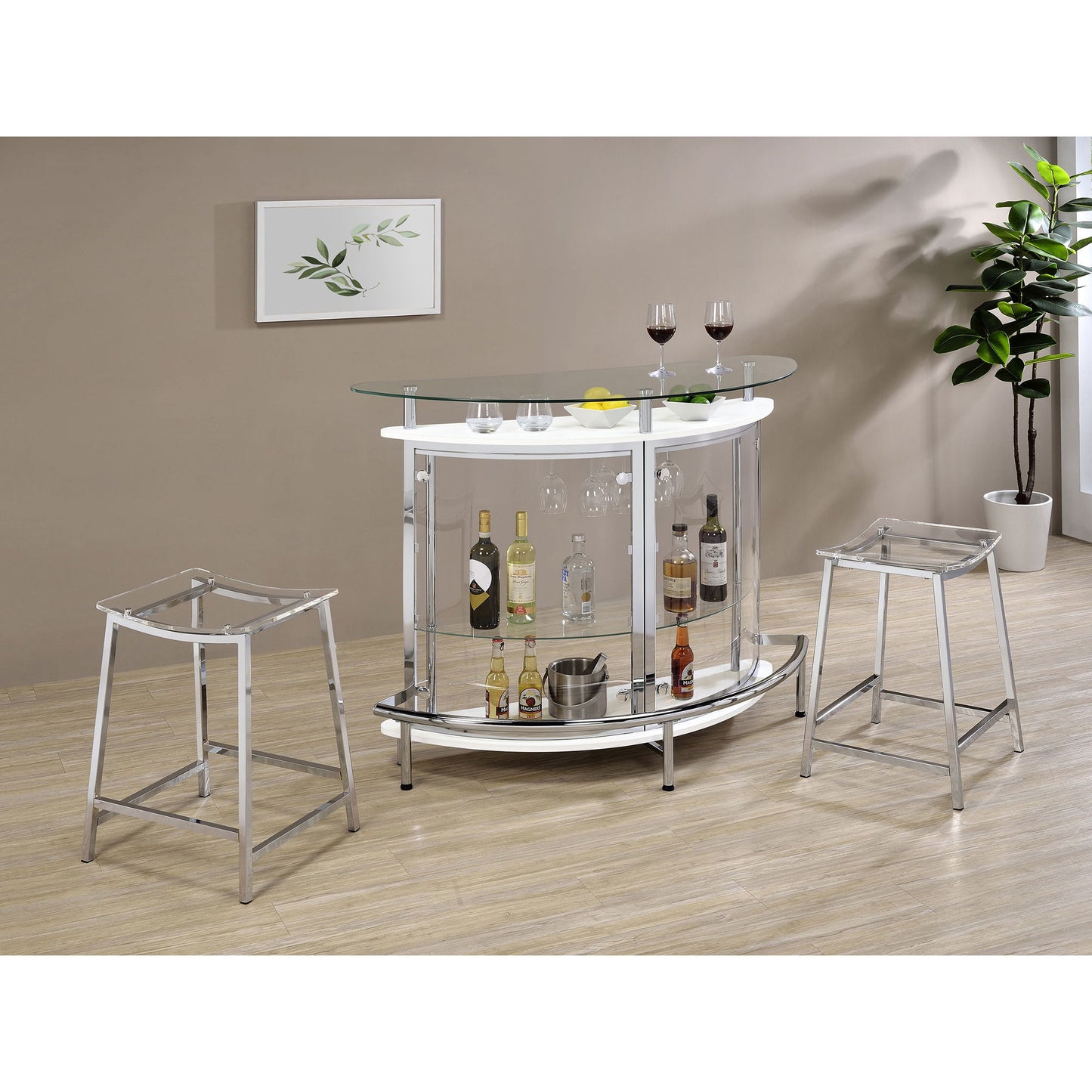Strick - Freestanding Glass Top Home Bar Wine Cabinet - White