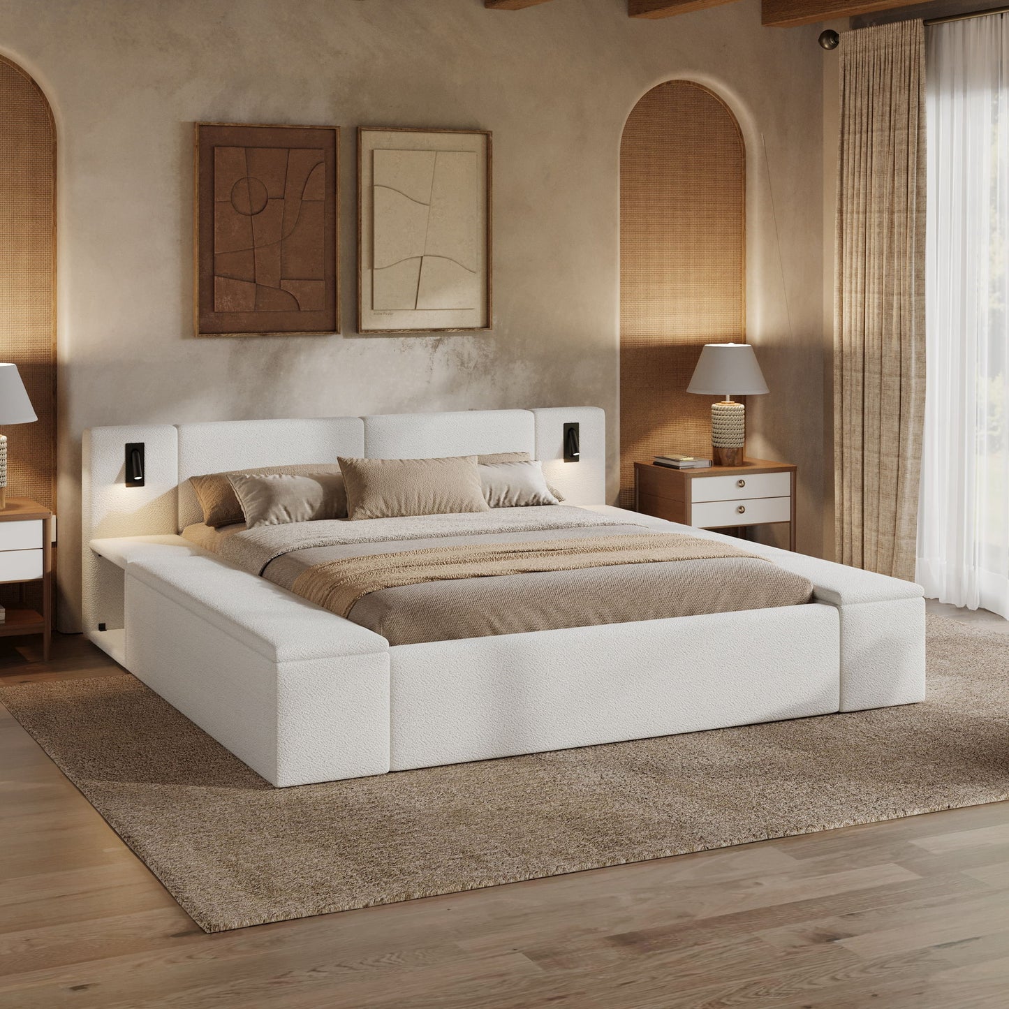 Upholstered Platform Bed Frame With Hidden Storage, Built-In Nightstands & LED Reading Lights