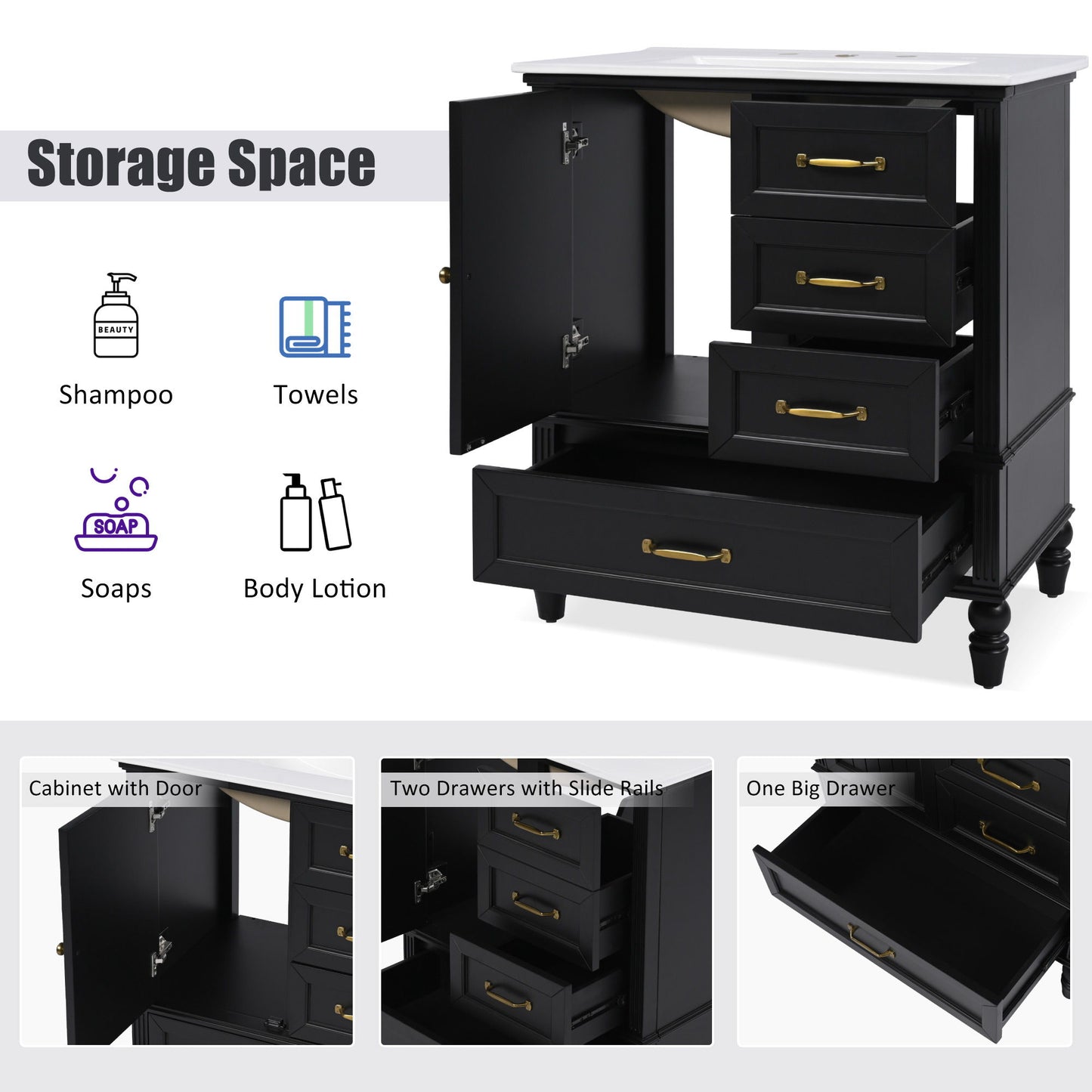 30" Bathroom Vanity With Sink, 3 Drawers, Adjustable Feet