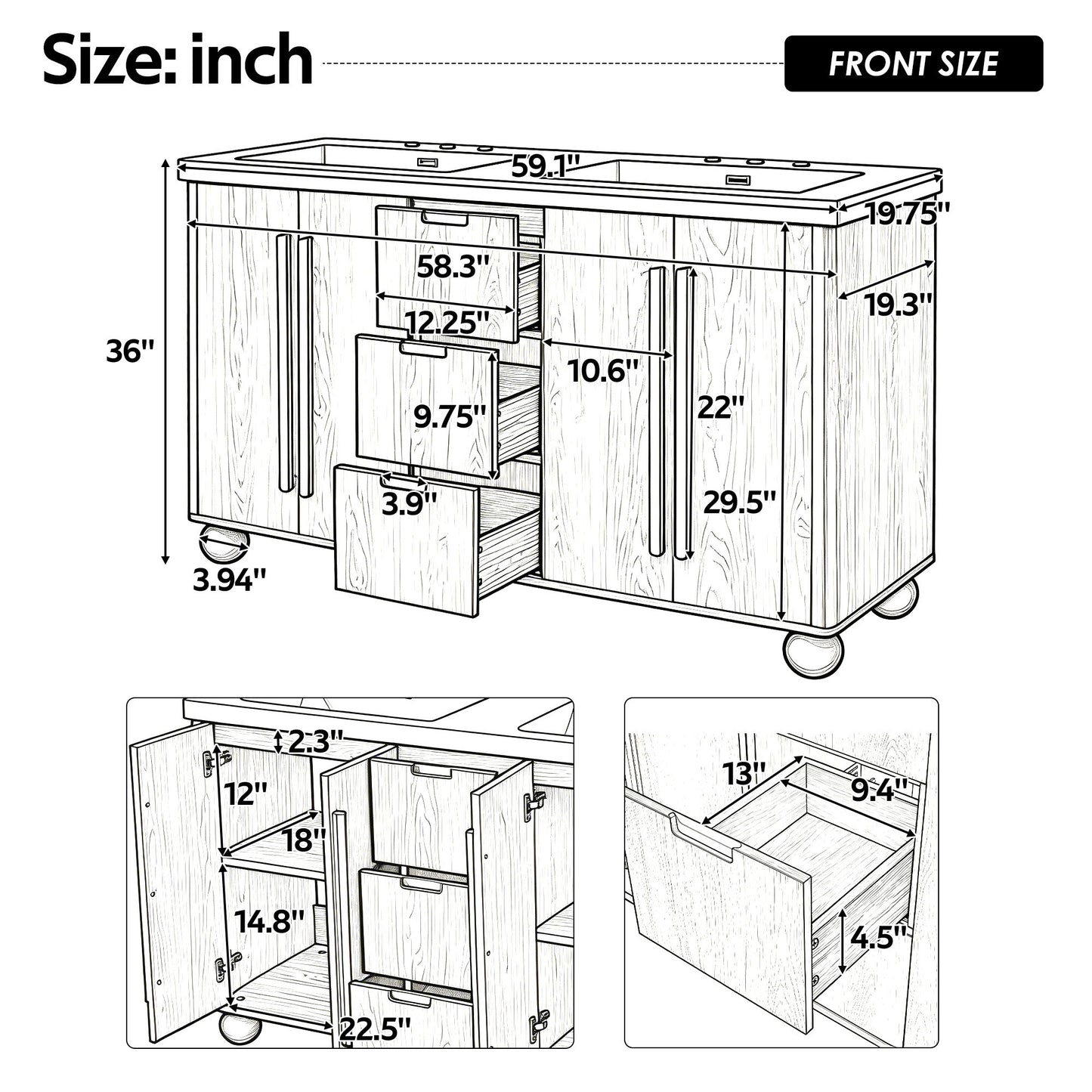 Double Sink Bathroom Vanity With Sinks, Soft Close Doors & 3 Drawers - Wood