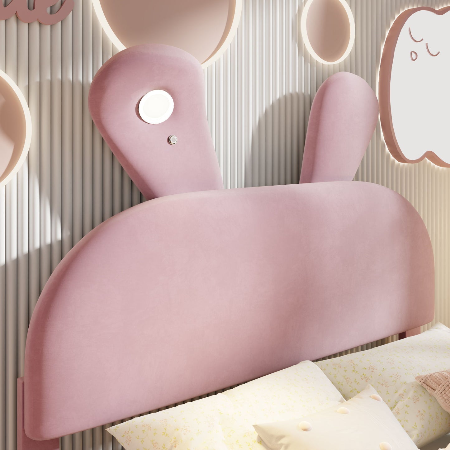 Full Upholstered Platform Bed With Cartoon Ears Headboard And LED Light - Pink