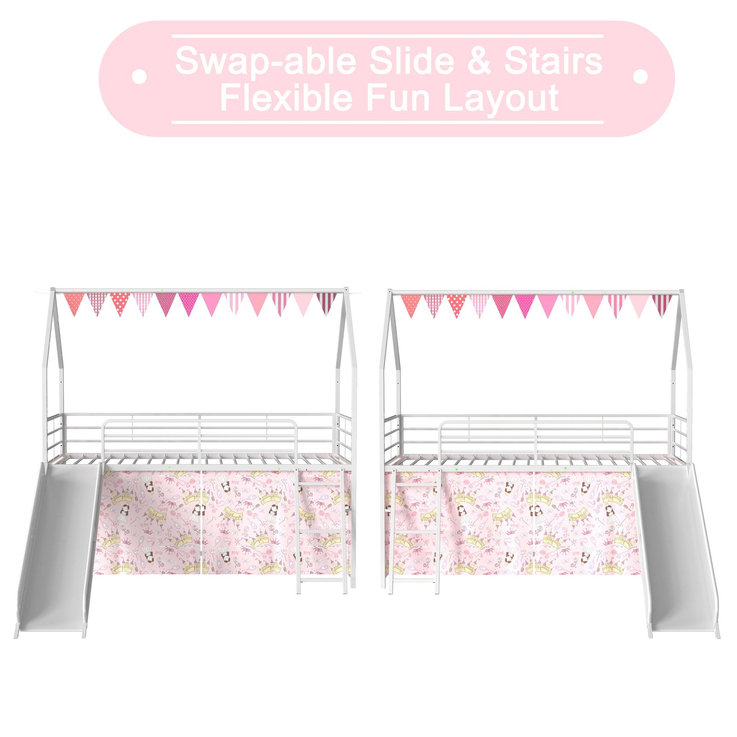 Jack - House Loft Bed With Slide And Curtain Set