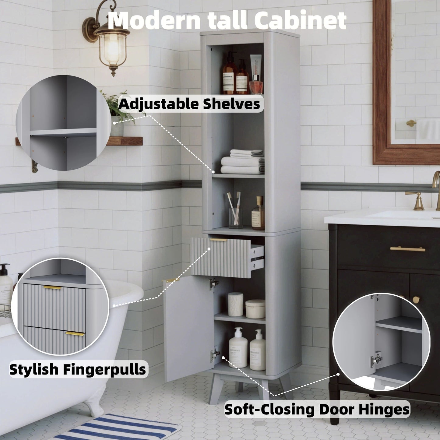 Tall Bathroom Storage Cabinet With Adjustable Shelves And 1 Drawer & Door