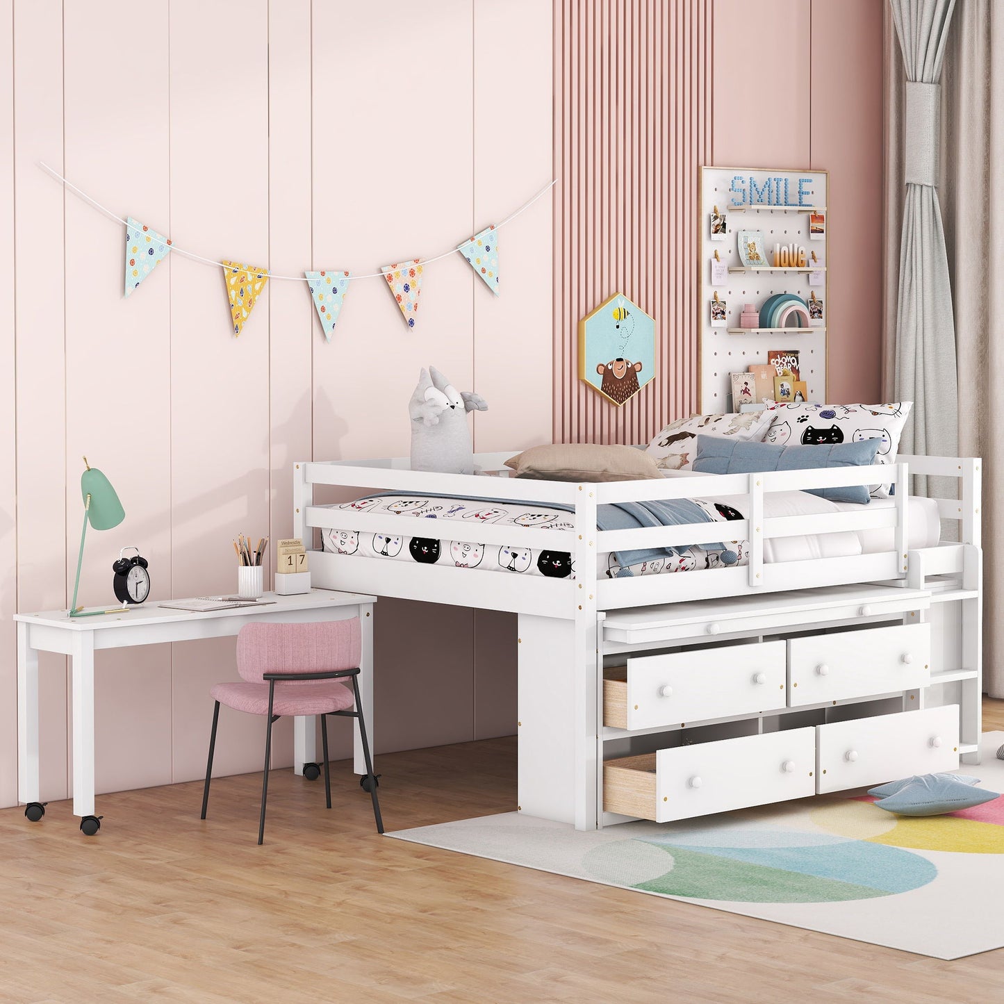 Loft Bed With Retractable Writing Desk And 4 Drawers, With Lateral Portable Desk And Shelves