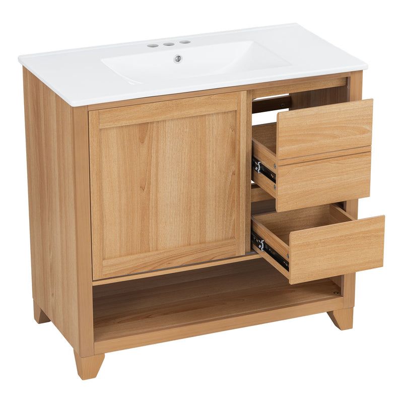 36" Bathroom Vanity With Sink, Soft Close Drawers - Natural