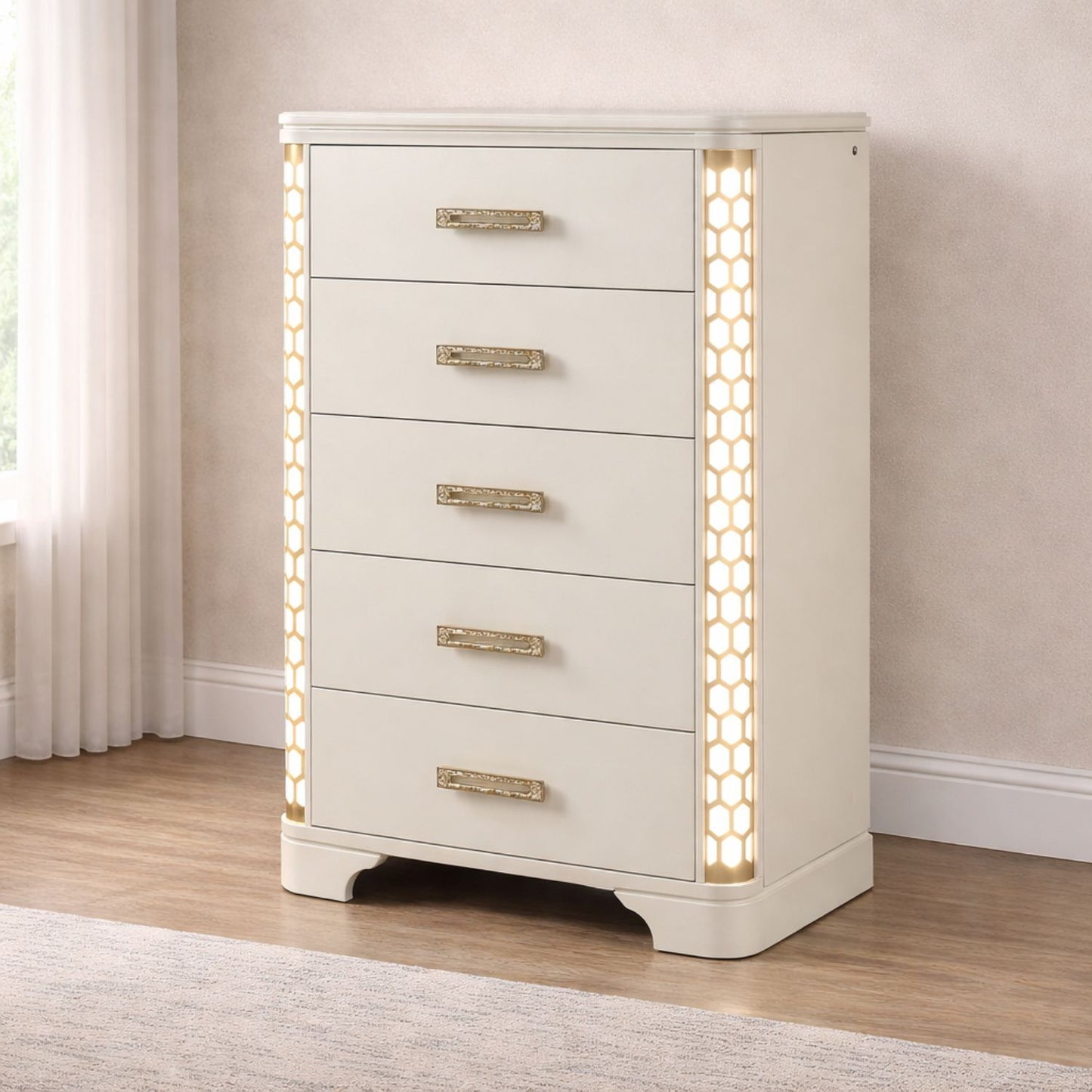 Jasmine - 5 Drawer Chest With Side LED Lightning - Beige
