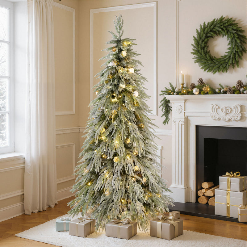5Ft Pre Lit Spruce Snow Flocked Christmas Tree With LED Lights, Artificial Hinged Xmas Tree - White / Green