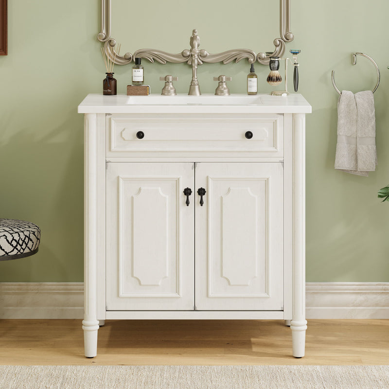 Tocador de baño vintage con lavabo, mueble rústico con puertas de cierre suave