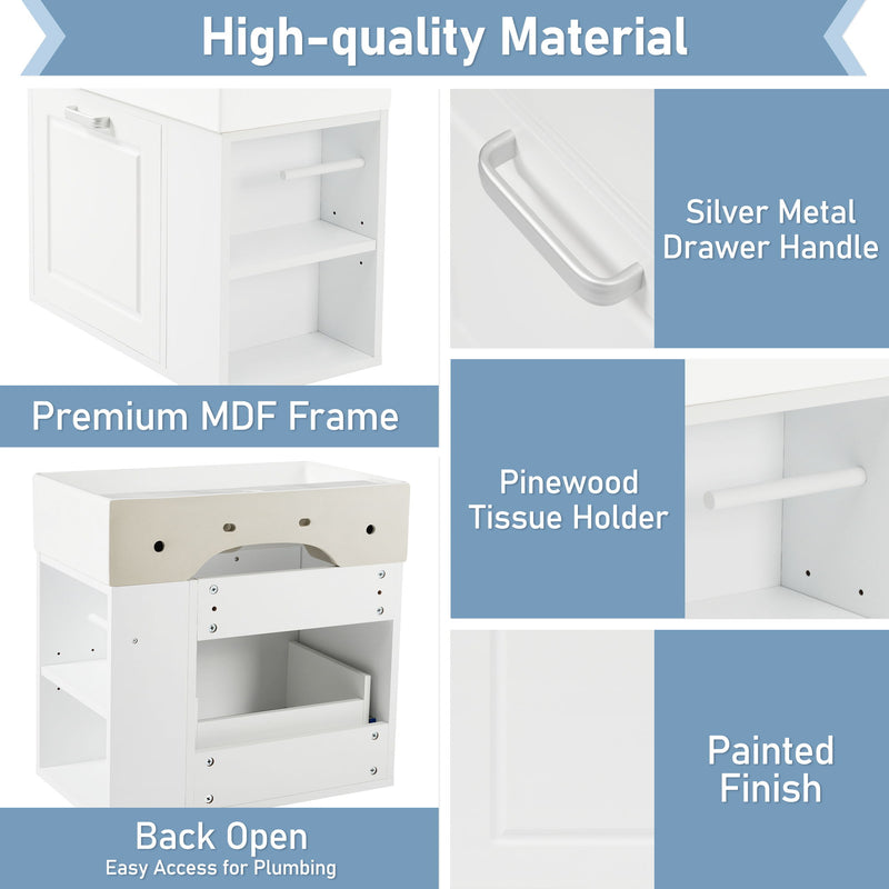 Modern Wall Mounted Bathroom Vanity With Sink, Soft Close Drawer, Adjustable Shelf, Toilet Paper Holder
