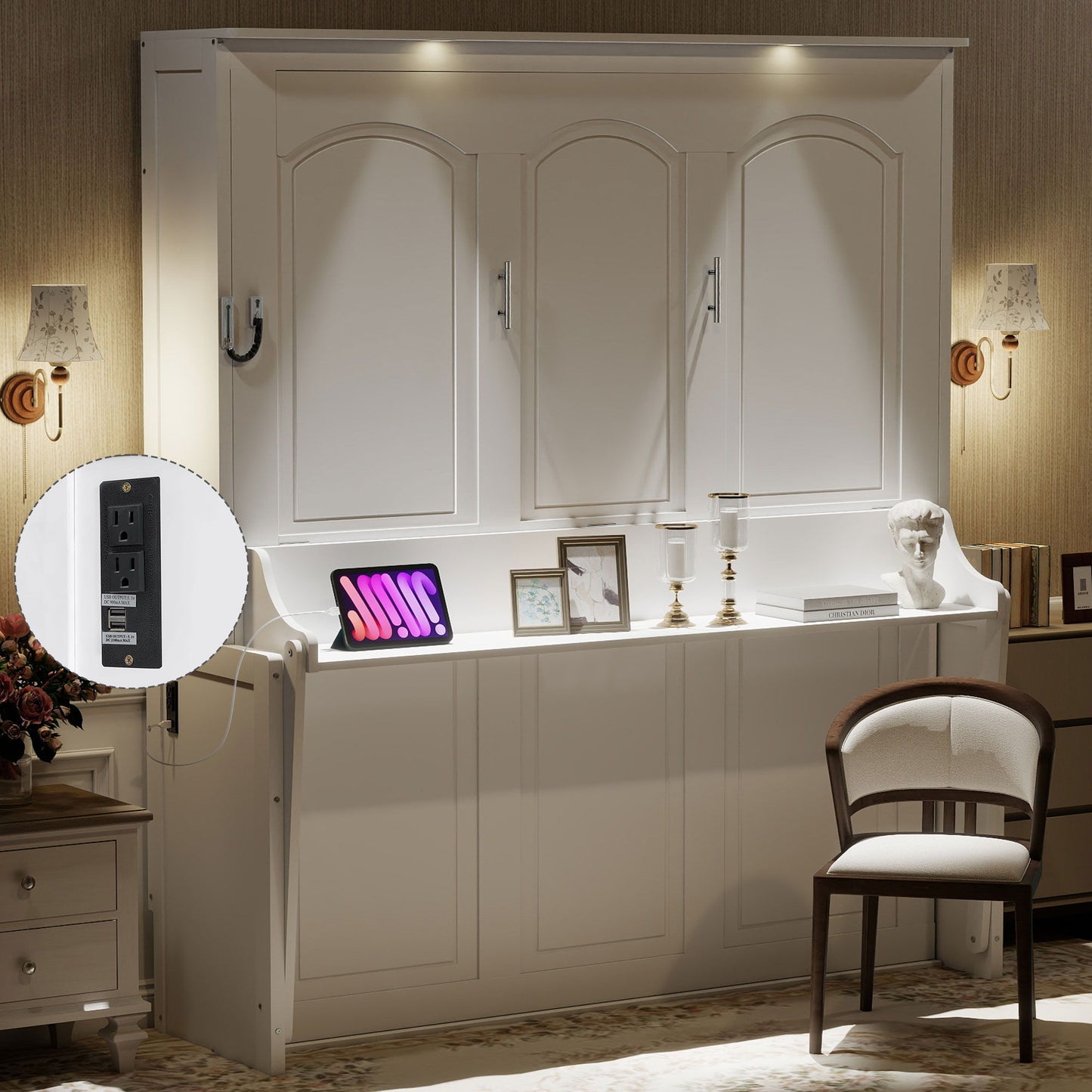 Murphy Bed With Desk, LED Lights And USB Charging Station