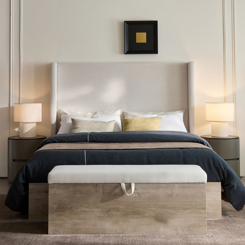 Shelton - Queen Upholstered Wingback Bed With 54" High Headboard - Ivory / Light Gray / Camel Oak