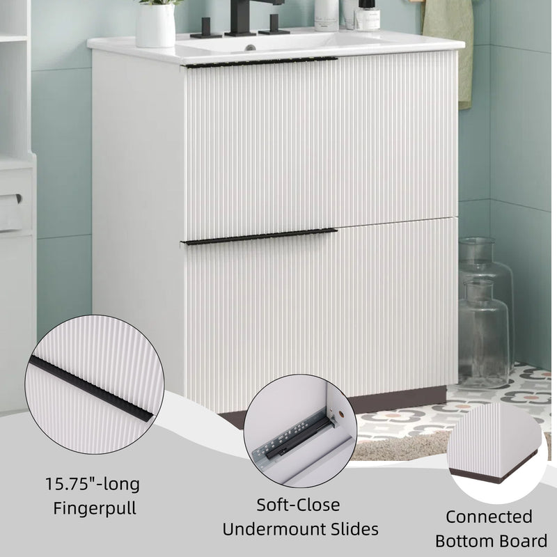 Fluted Bathroom Vanity With Ceramic Sink, Soft Close Slides