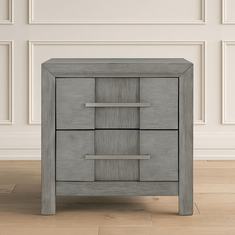 Modern 2 Drawer Nightstand In Gray Finish With Silver Metal Handles, Contemporary Bedside Table With Smooth Glide Drawers