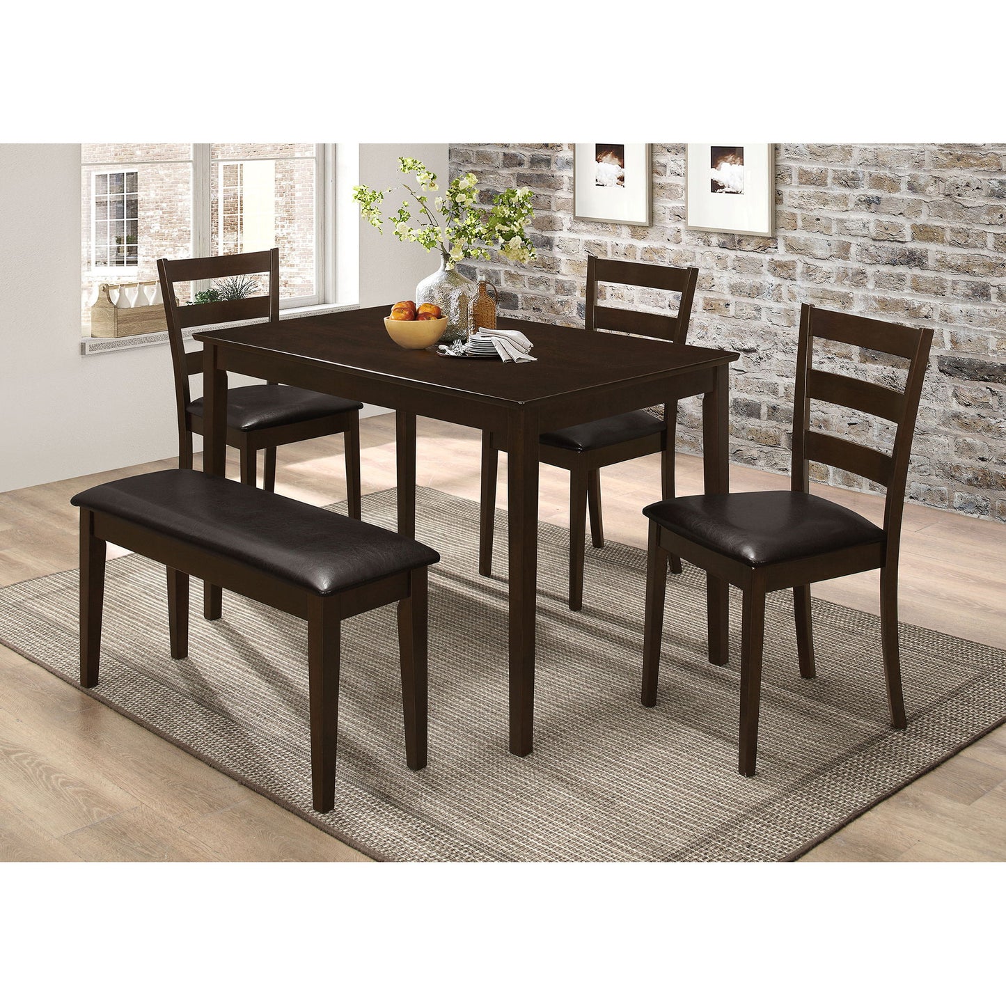 Arvin - 5 Piece Dining Set With Rectangular Table And Bench With Seats - Cappuccino