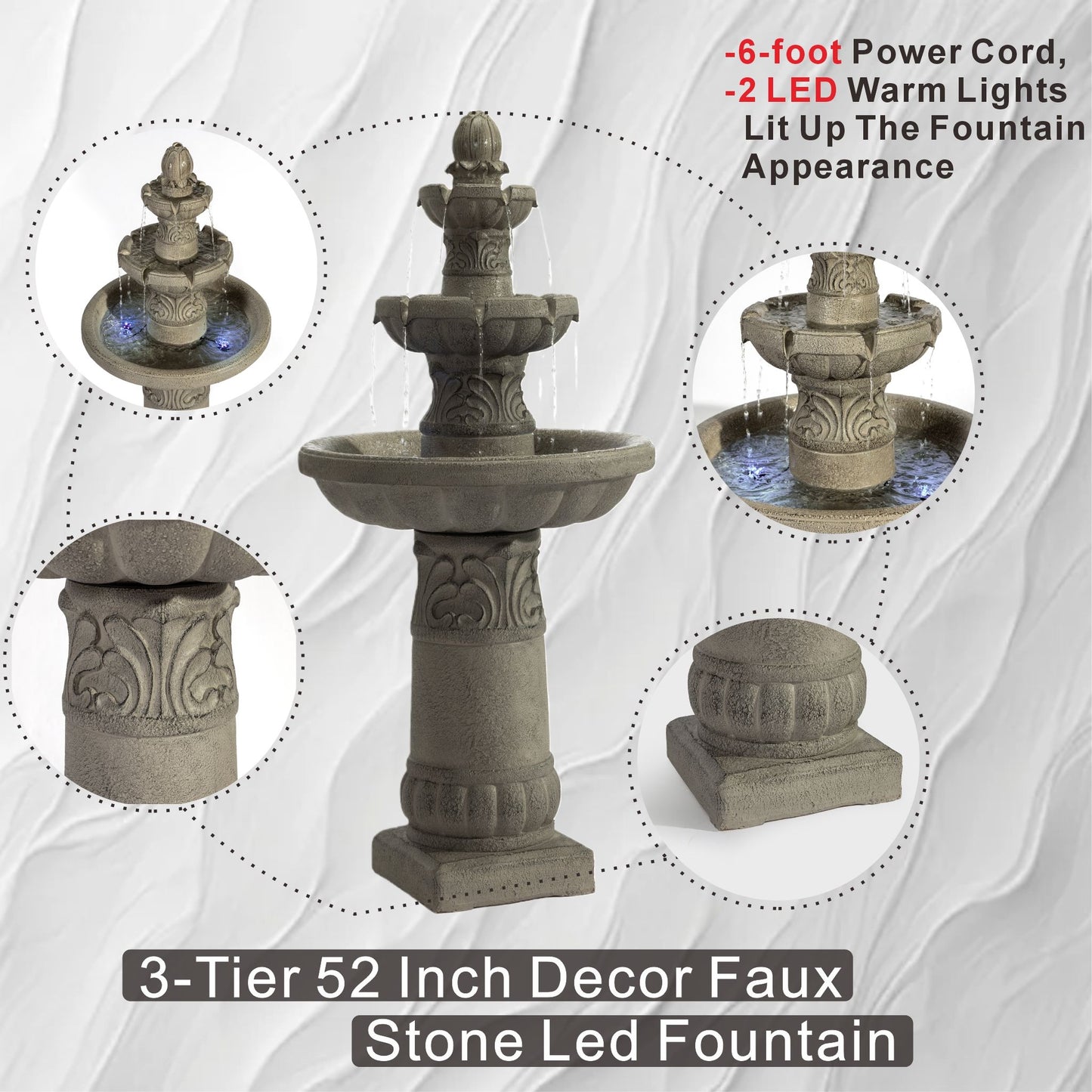 3 Tier Outdoor Garden Fountain With LED Lights - Gray