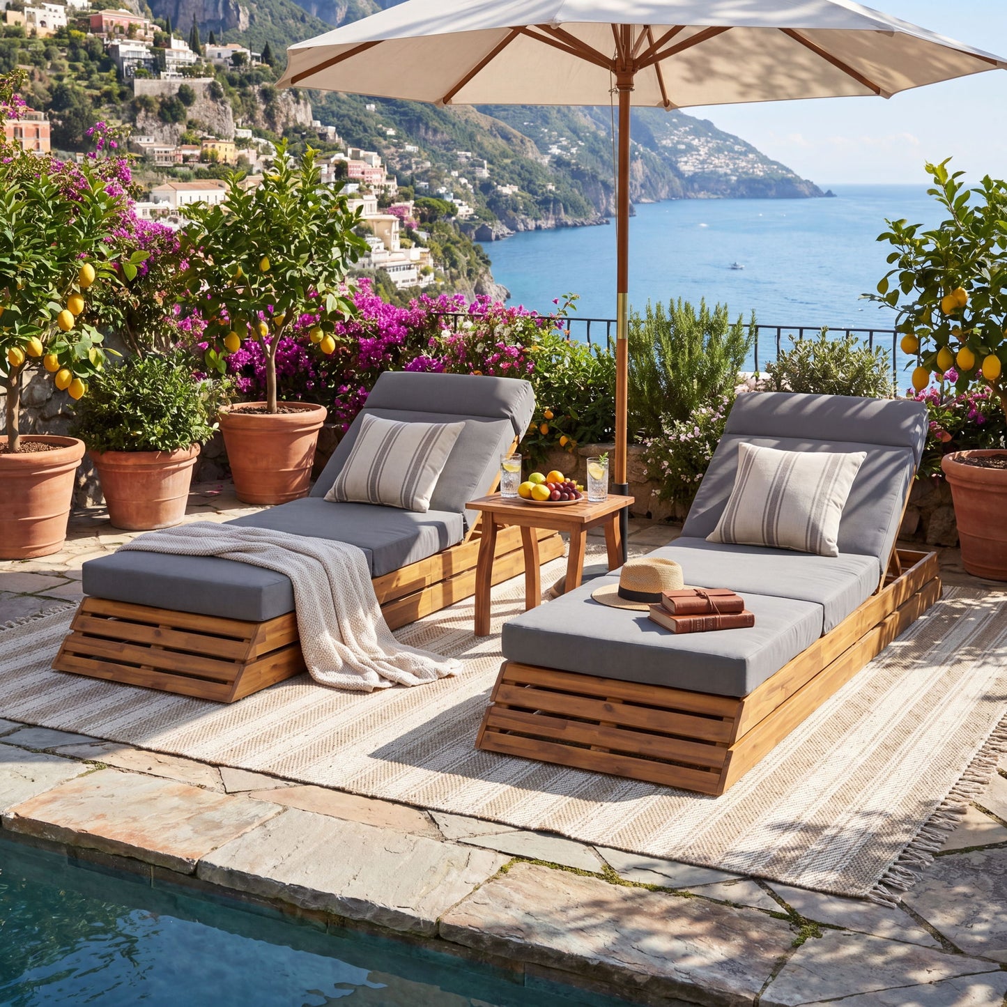 Chaise Lounge Set With 4 Fold Cushion And Built In Headrest