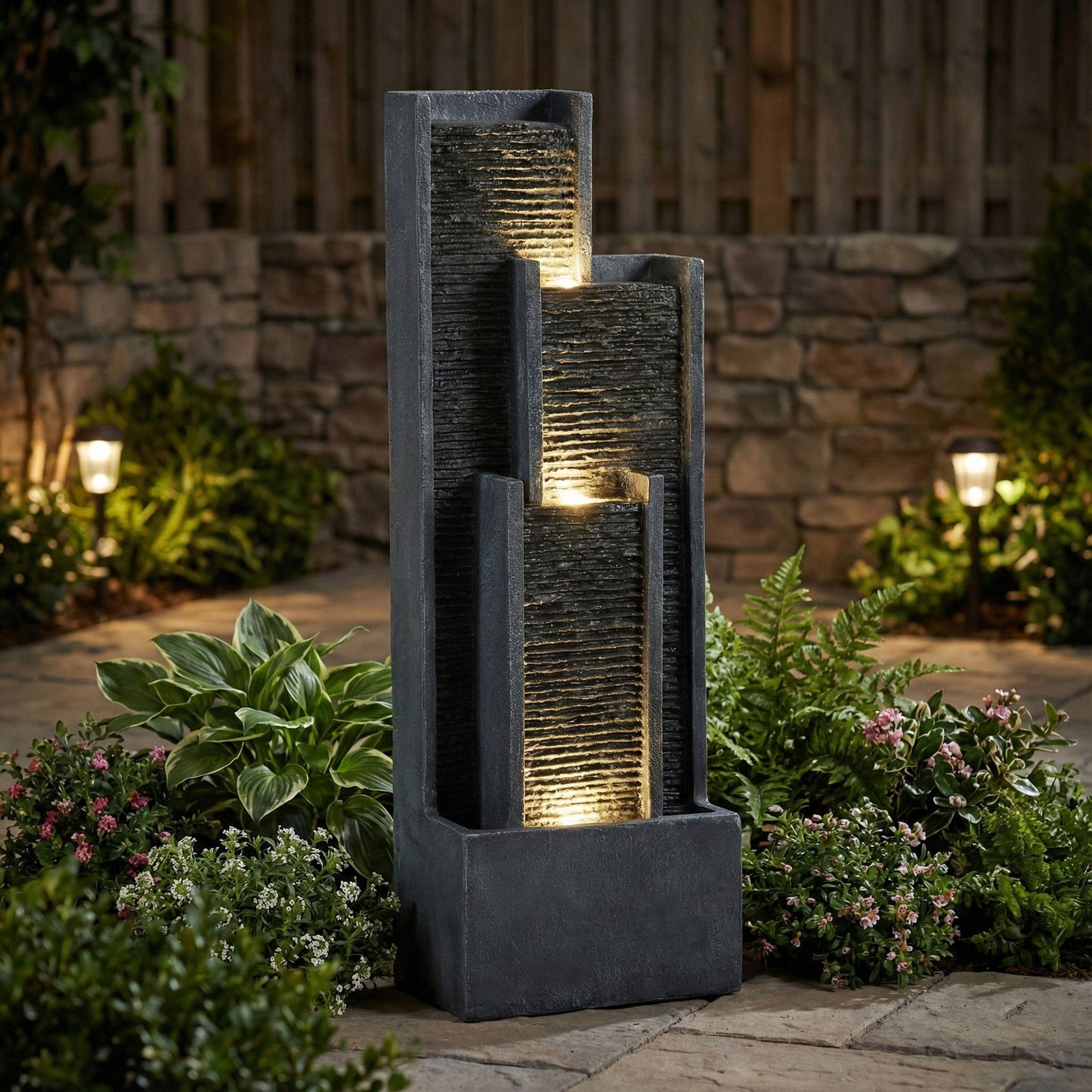Outdoor Water Fountain With Cascading Waterfall And LED Lighting - Black