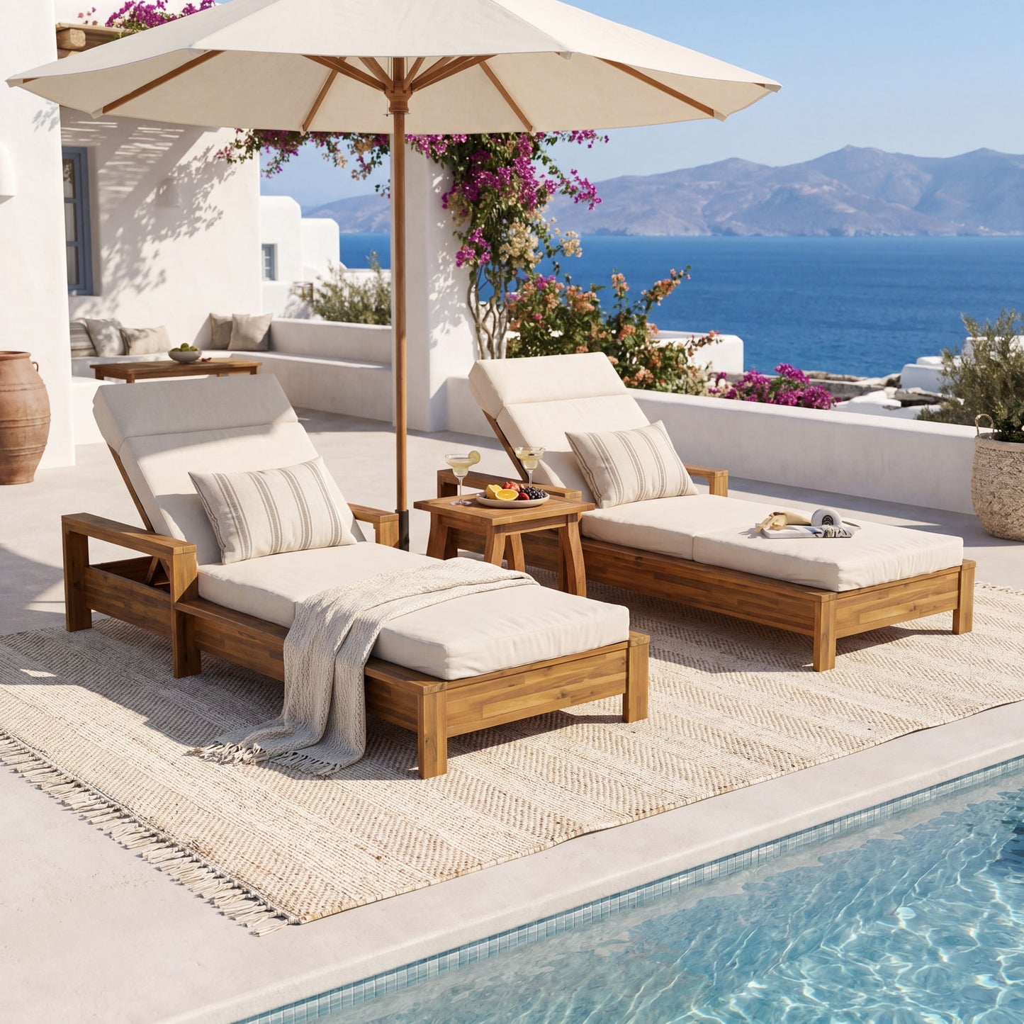 Chaise Lounge Set With 4 Fold Cushion And Built In Headrest, 3 Position Adjustable, For Patio Pool - Cream / Teak