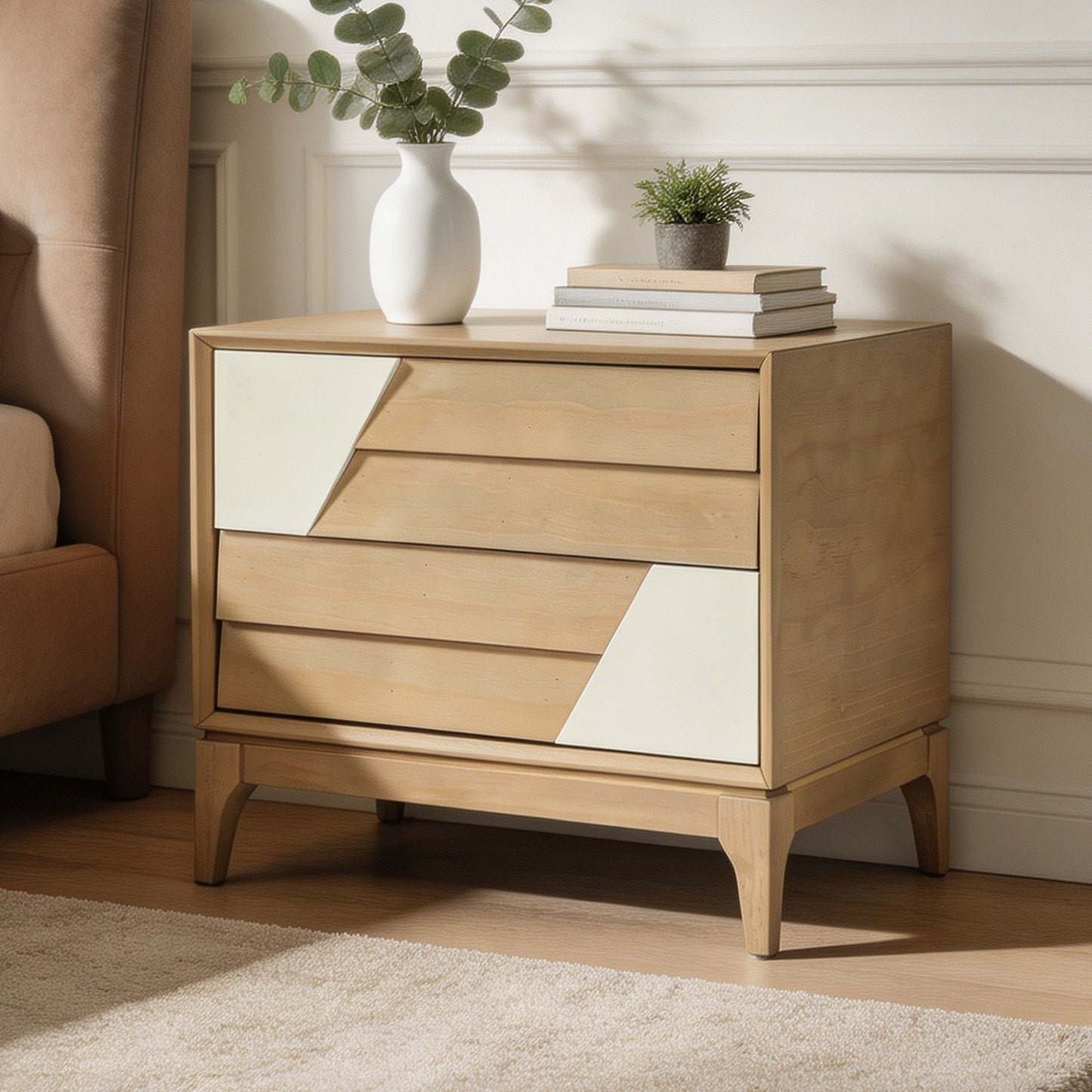 Japandi 2 Drawer Nightstand With Geometric Design