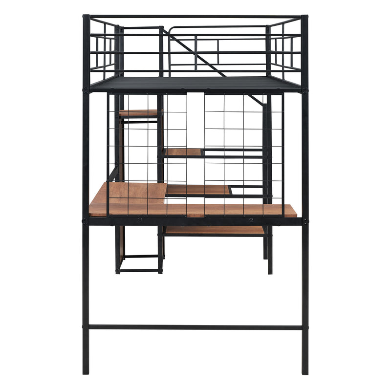 Twin Size Loft Bed With Desk And Grid, Storage Ladder And Wardrobe - Black