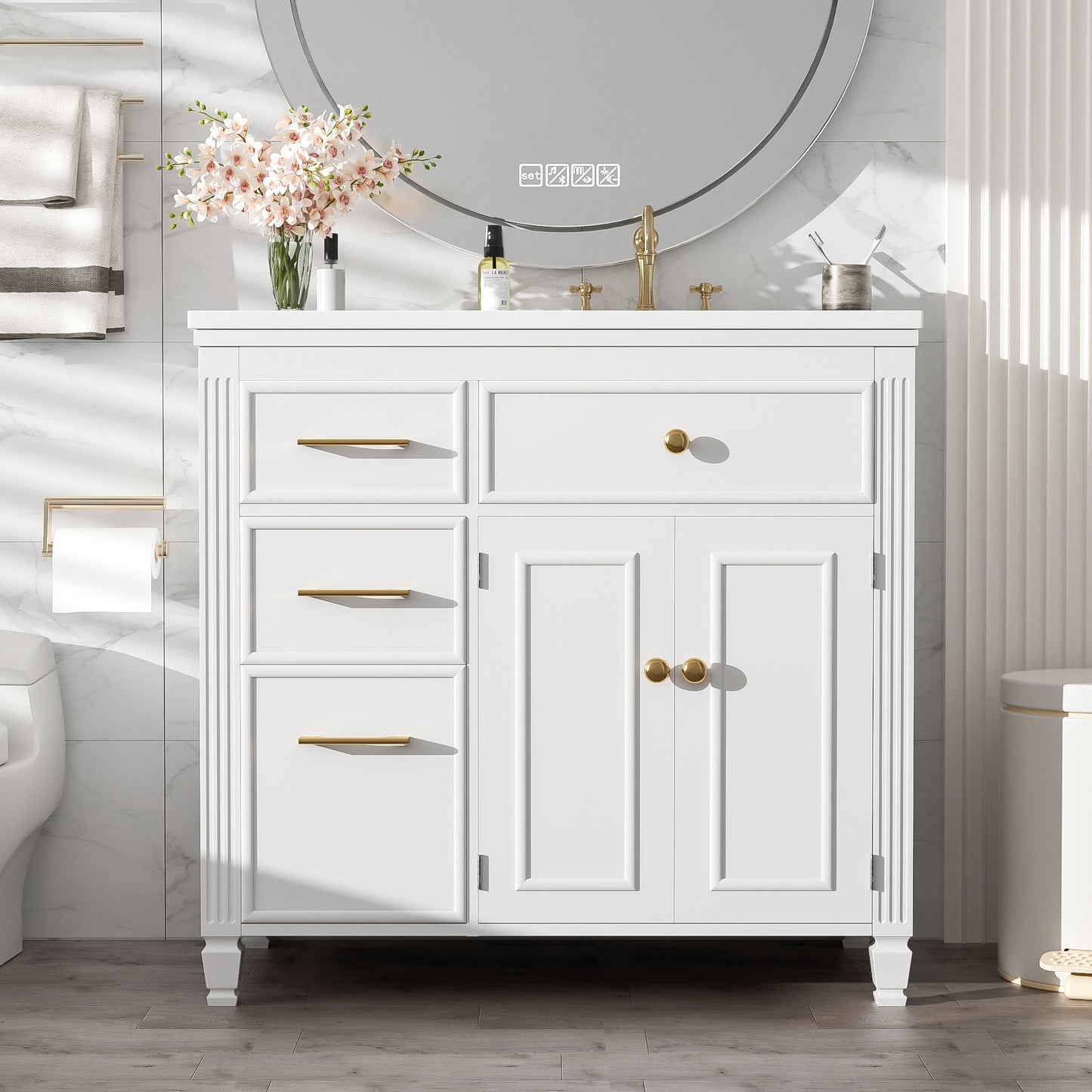 Bathroom Vanity With Sink, 1 Tip Out Drawer, 3 Side Drawers, Adjustable Shelf