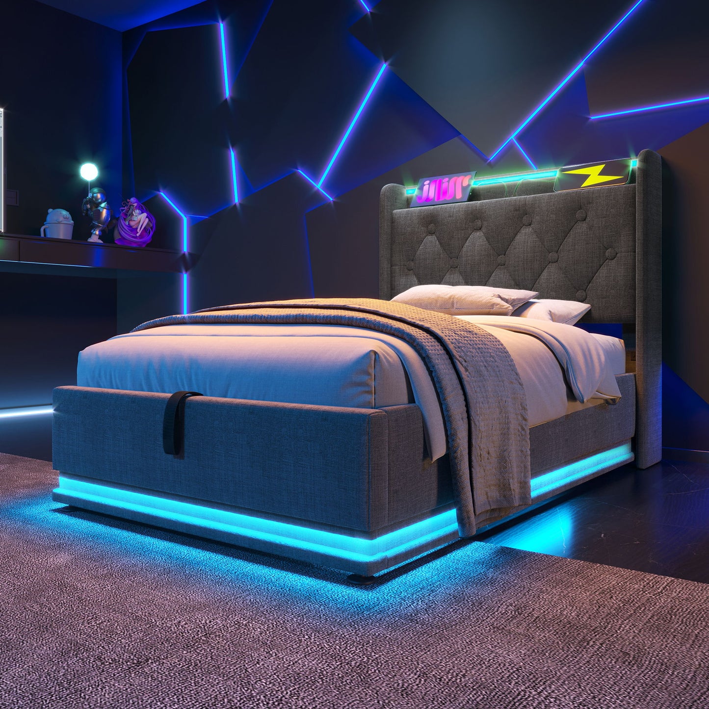 Upholstered Bed, 360 Surround LED Function, Remote Control, Hydraulic Storage Bed With USB, Type-C Charging (Without Mattress)