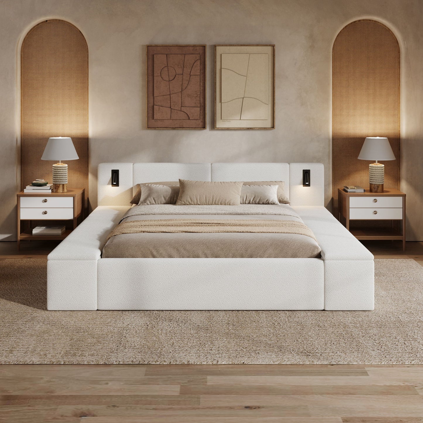Upholstered Platform Bed Frame With Hidden Storage, Built-In Nightstands & LED Reading Lights