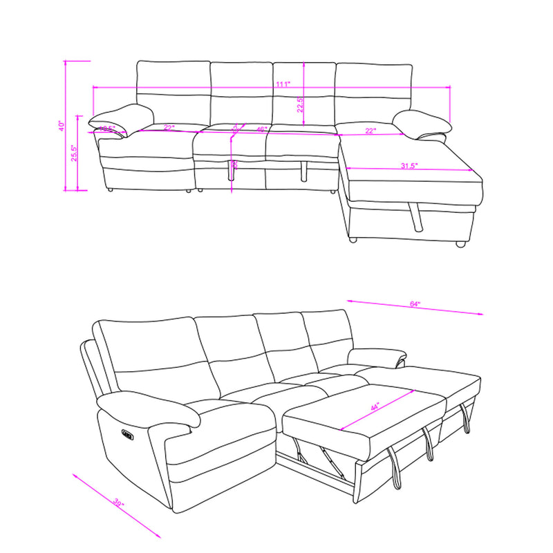 Sectional Sofa With Power Recline, USB Charging, And Storage Chaise - Gray