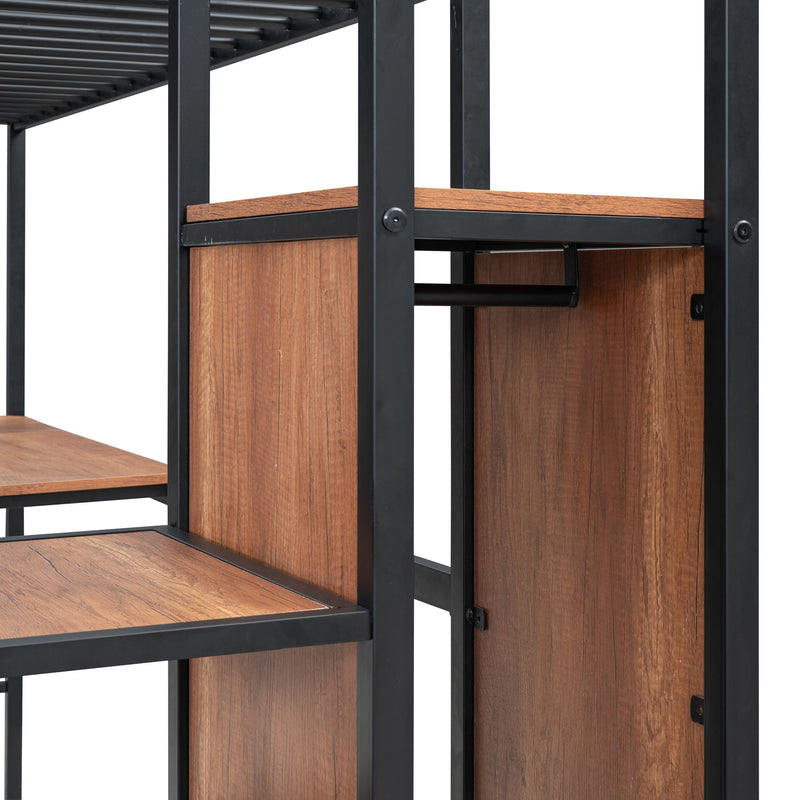 Twin Size Loft Bed With Desk And Grid, Storage Ladder And Wardrobe - Black