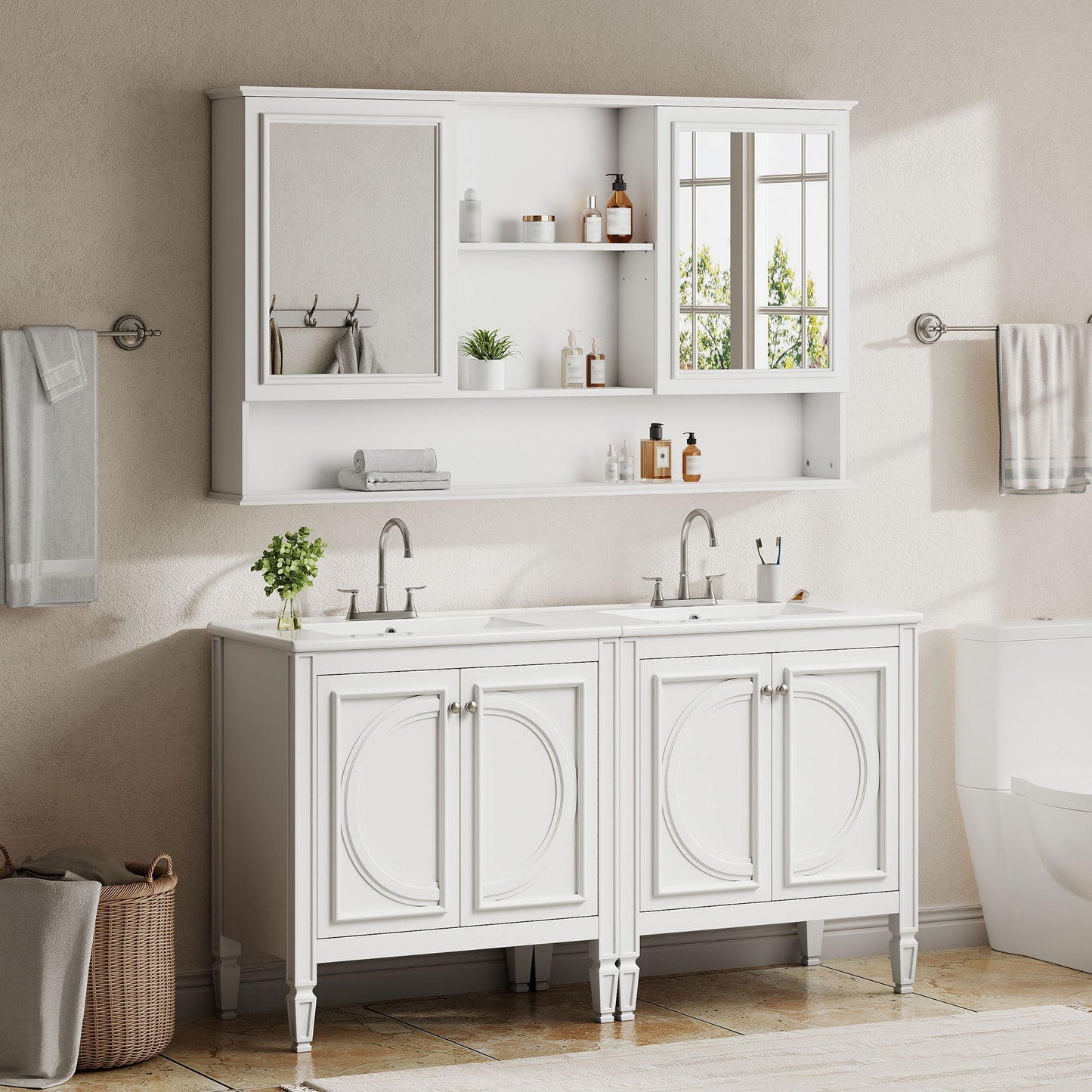 Double Sink Bathroom Vanity Set With Wall Mount Mirror Cabinet