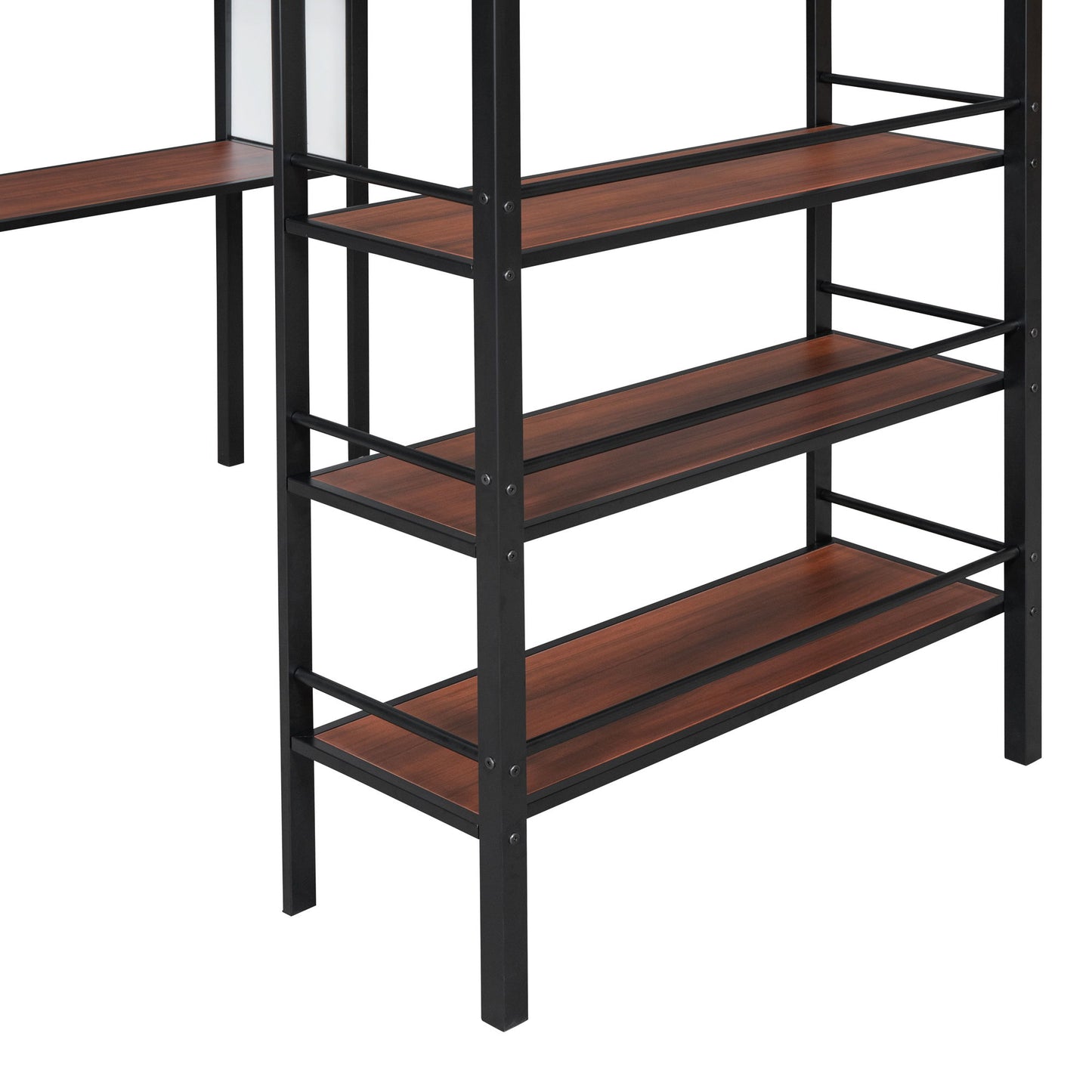 Loft Metal Bed With 3 Layers Of Shelves And Desk, Stylish Metal Frame Bed With board