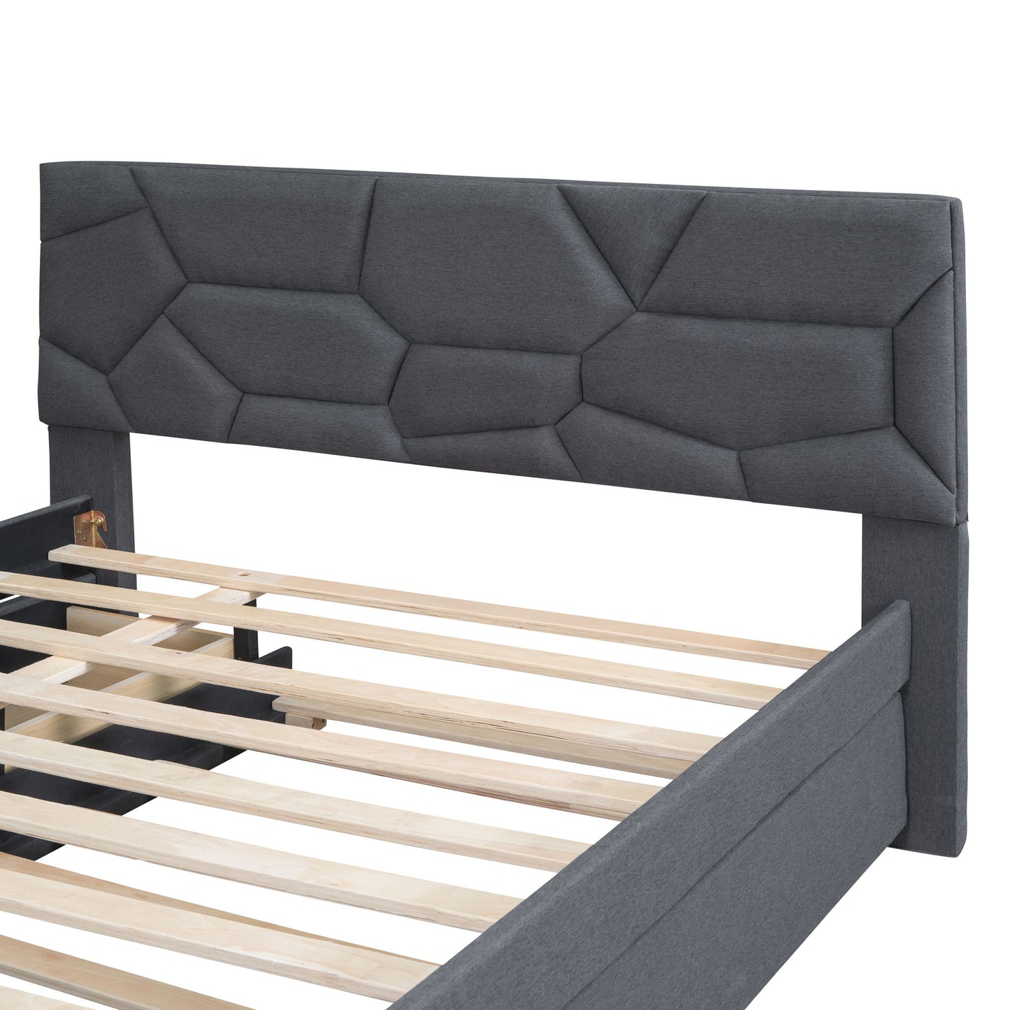 Upholstered Platform Bed With Brick Pattern Headboard And Twin Long Size Trundle