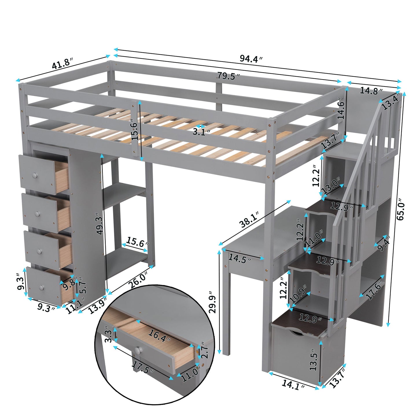Loft Bed With Storage Drawers, Desk And Stairs With Shelves