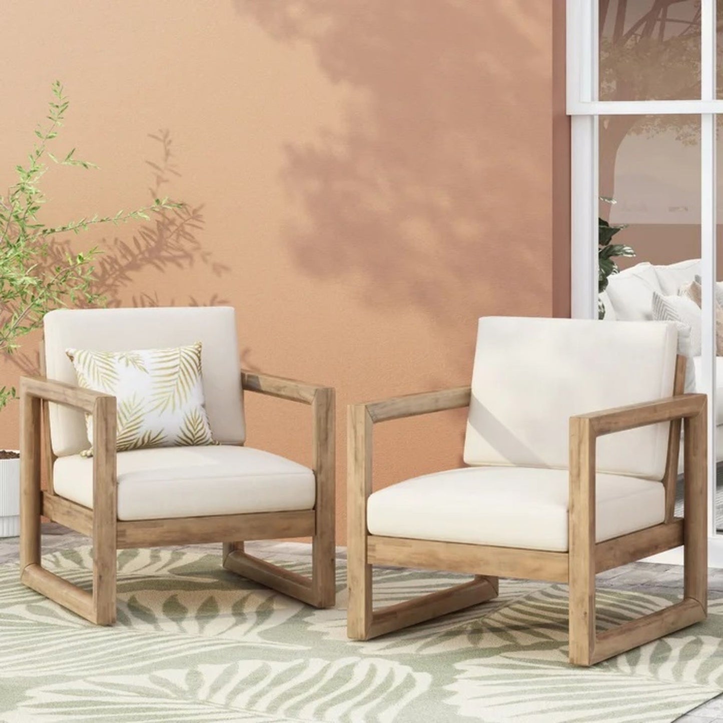Outdoor Acacia Wood Patio Club Chair, Wood Patio Furniture, Waterproof Thick Cushion Deep Seating For Porch - Brown Wash / Beige