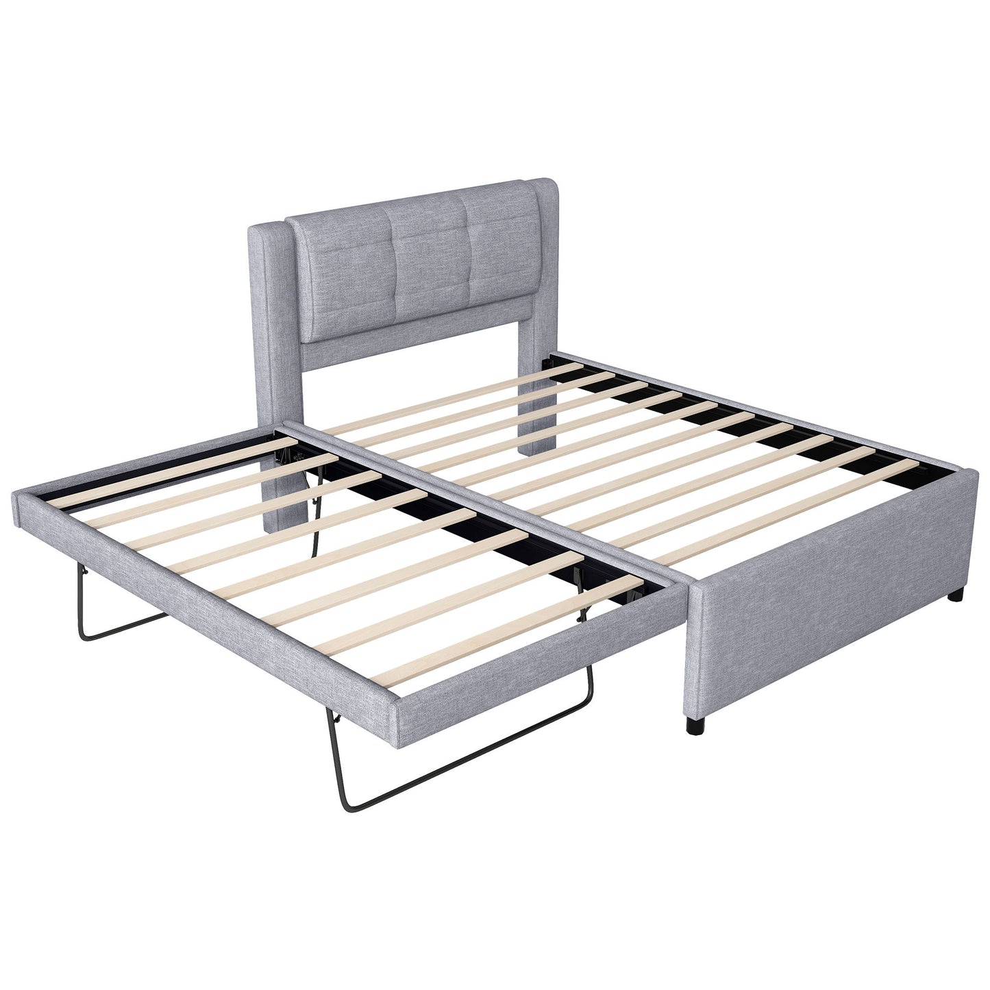 Upholstery Platform Bed With Trundle, Trundle Can Be Flat Or Erected
