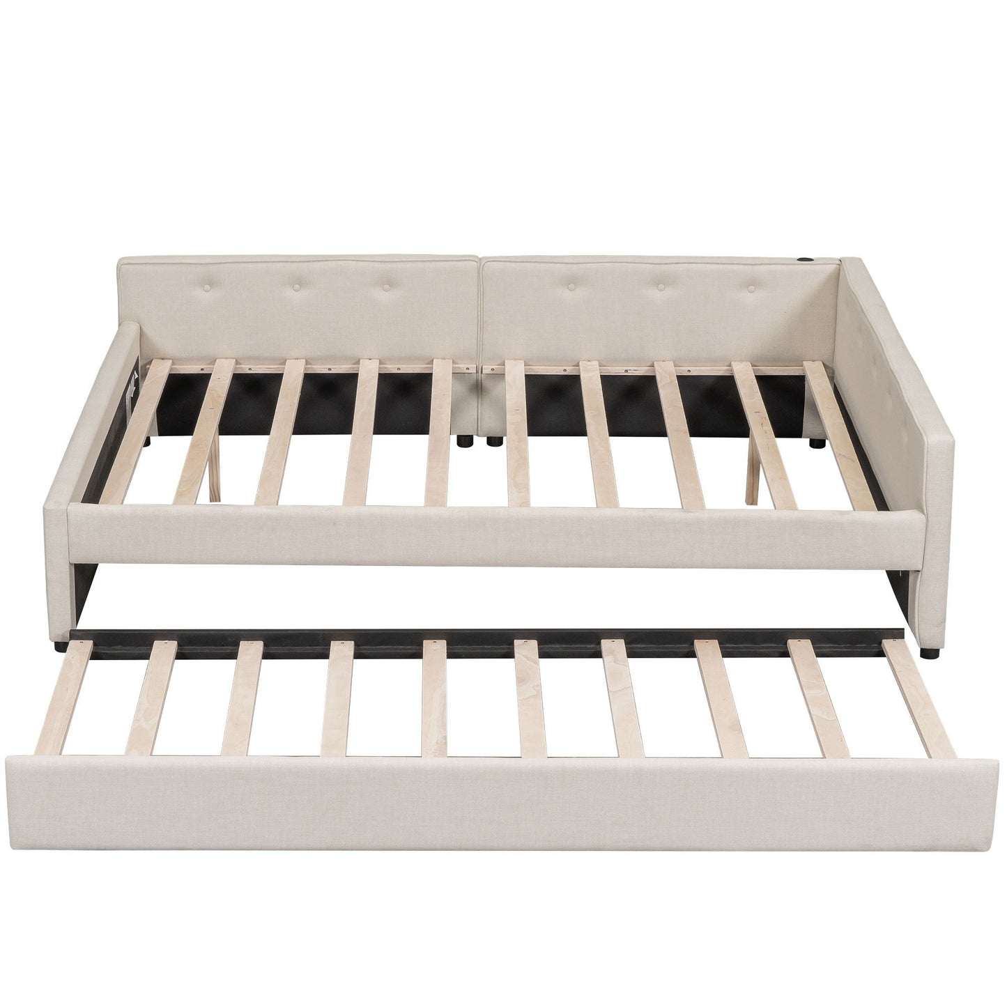 Queen Size Upholstered Platform Bed With USB And Twin Trundle - Beige