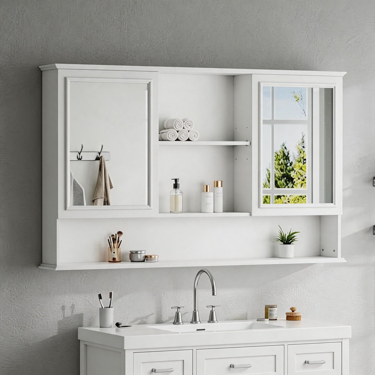 Wall Mounted Bathroom Medicine Cabinet With Double Mirrored Doors
