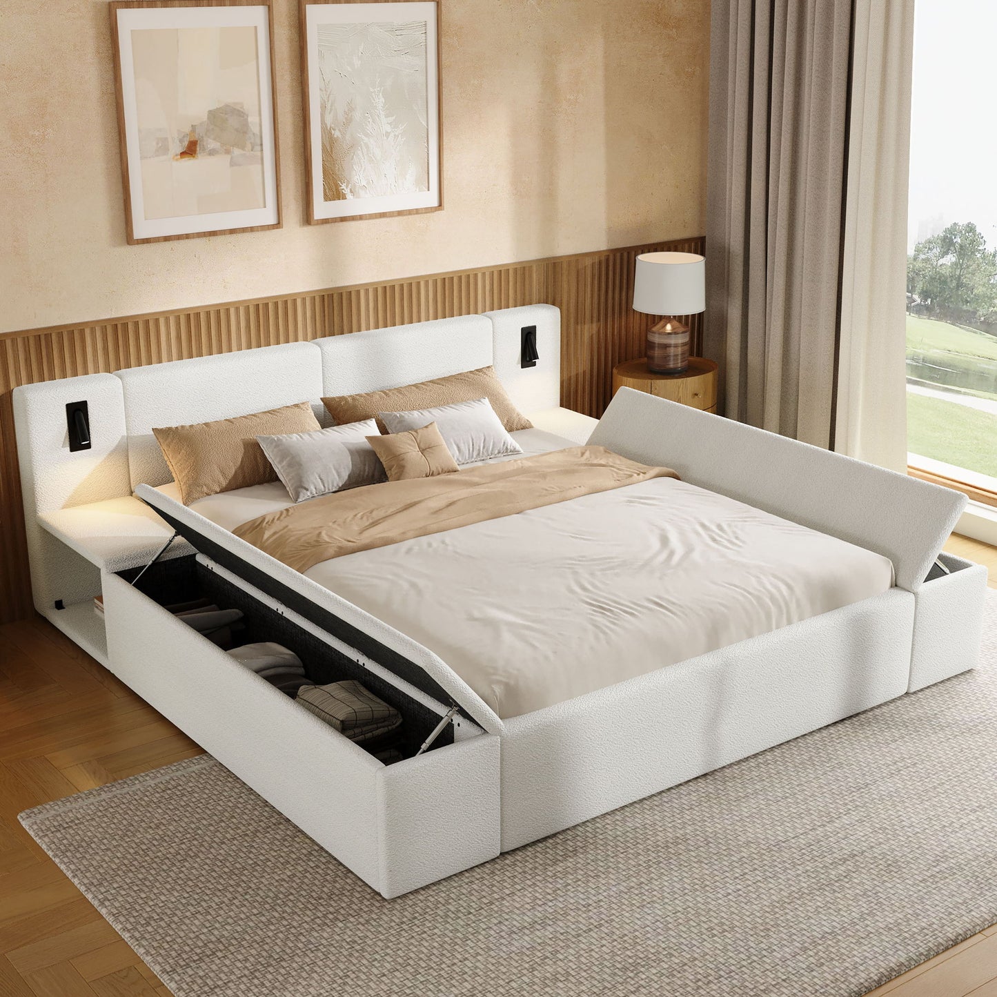 Upholstered Platform Bed Frame With Hidden Storage, Built-In Nightstands & LED Reading Lights